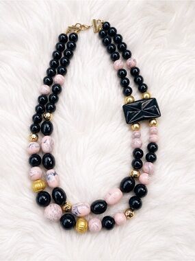 Vintage Art Deco Style Statement Necklace | Marbled Pink & Blue Geometric